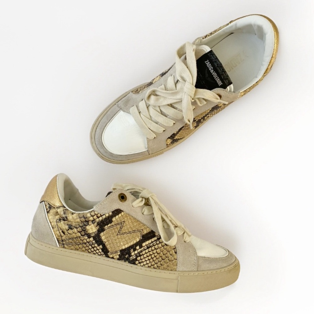 ZADIG & VOLTAIRE BLACK BROWN WHITE GRAY SNAKE PRINT LEATHER LOW TOP SNEAKER shoe